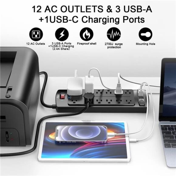Power Strip, ALESTOR Surge Protector with 12 Outlets and 4 USB Ports, 6 Feet - Picture 2 of 7